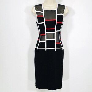 TADASHI Sheer Mesh Geometric Sheath Dress Sz S Geometric Squares Luxury Art